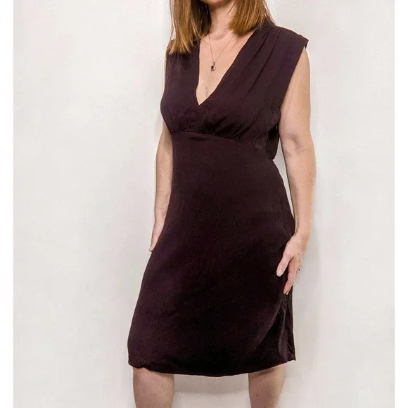 burgundy empire waist dress Badgley Mischka Square Neck V-Notch Beaded Cuffs Empire Waist Floor-Length  Satin Dress Gown main image 1